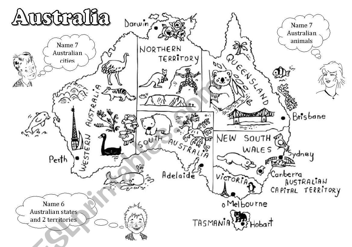 Australia - a black-and-white map for young learners (editable) - ESL