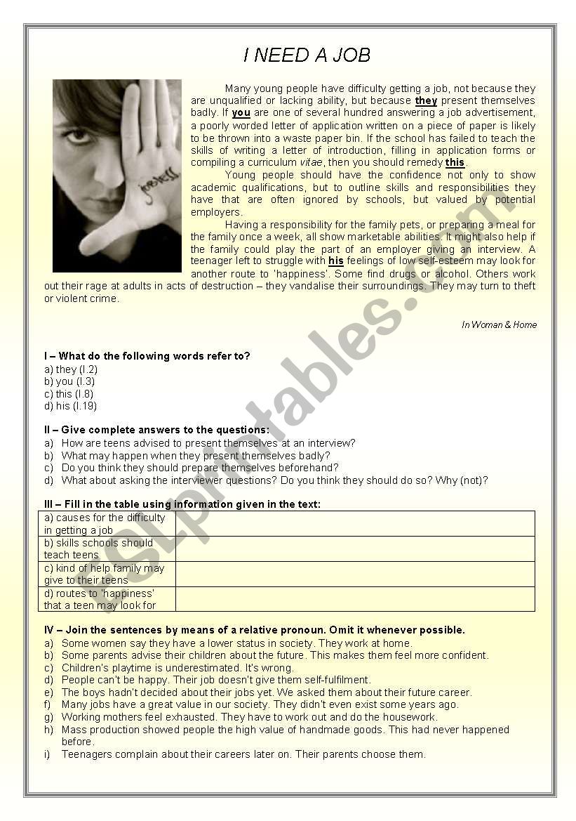 text - Â´I need a jobÂ´ + comprehension + defining and non def. relative clauses