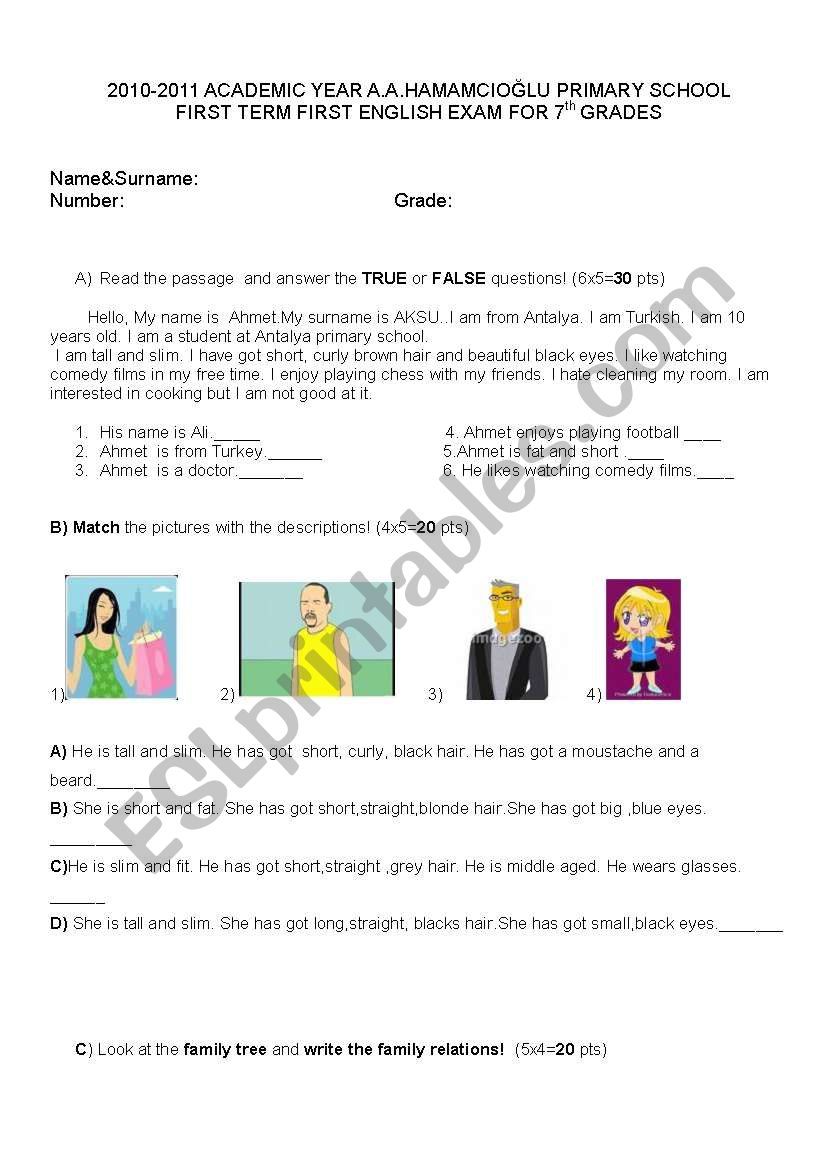exams for 6. class worksheet