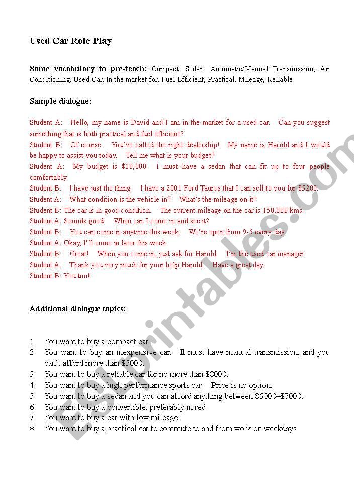 Buying Used Car Role-Play worksheet