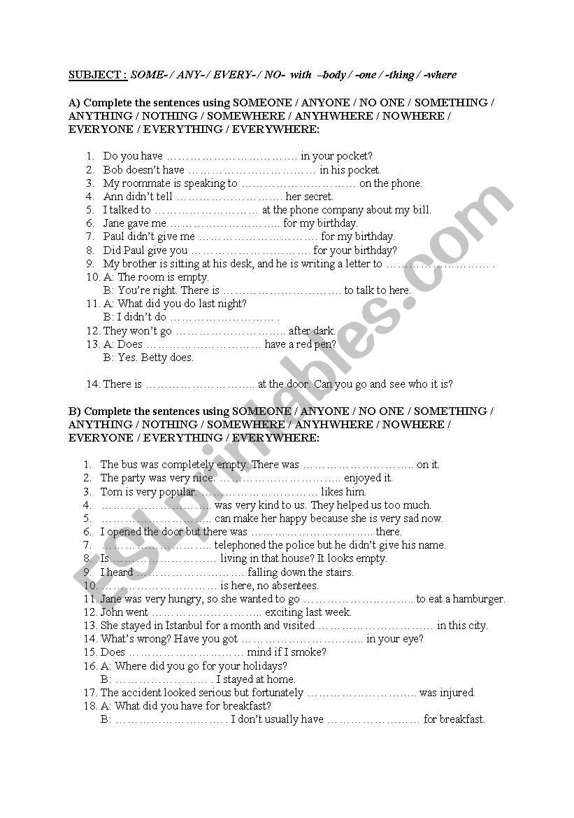 indefinite pronouns worksheet