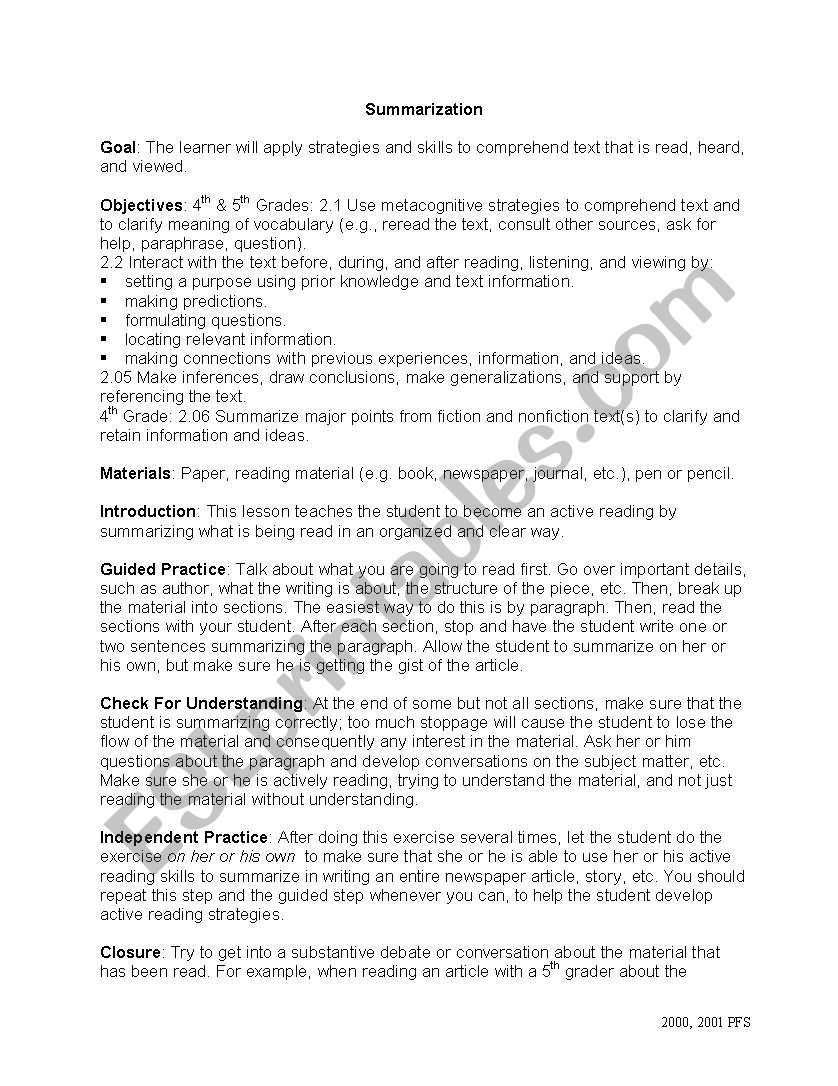 Summarization worksheet