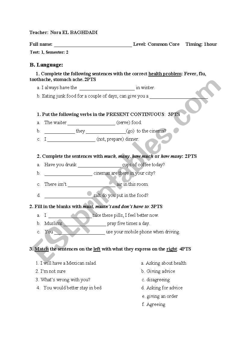 Test in Language  worksheet