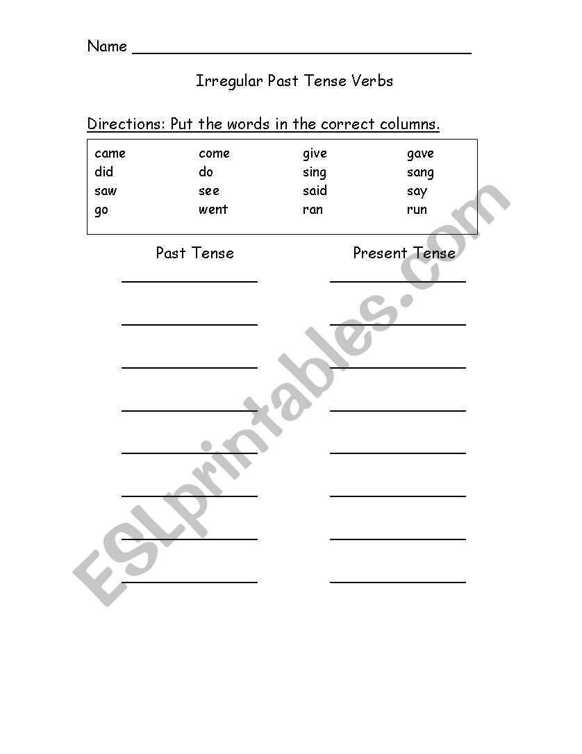 Irregular Past Tense Verbs worksheet