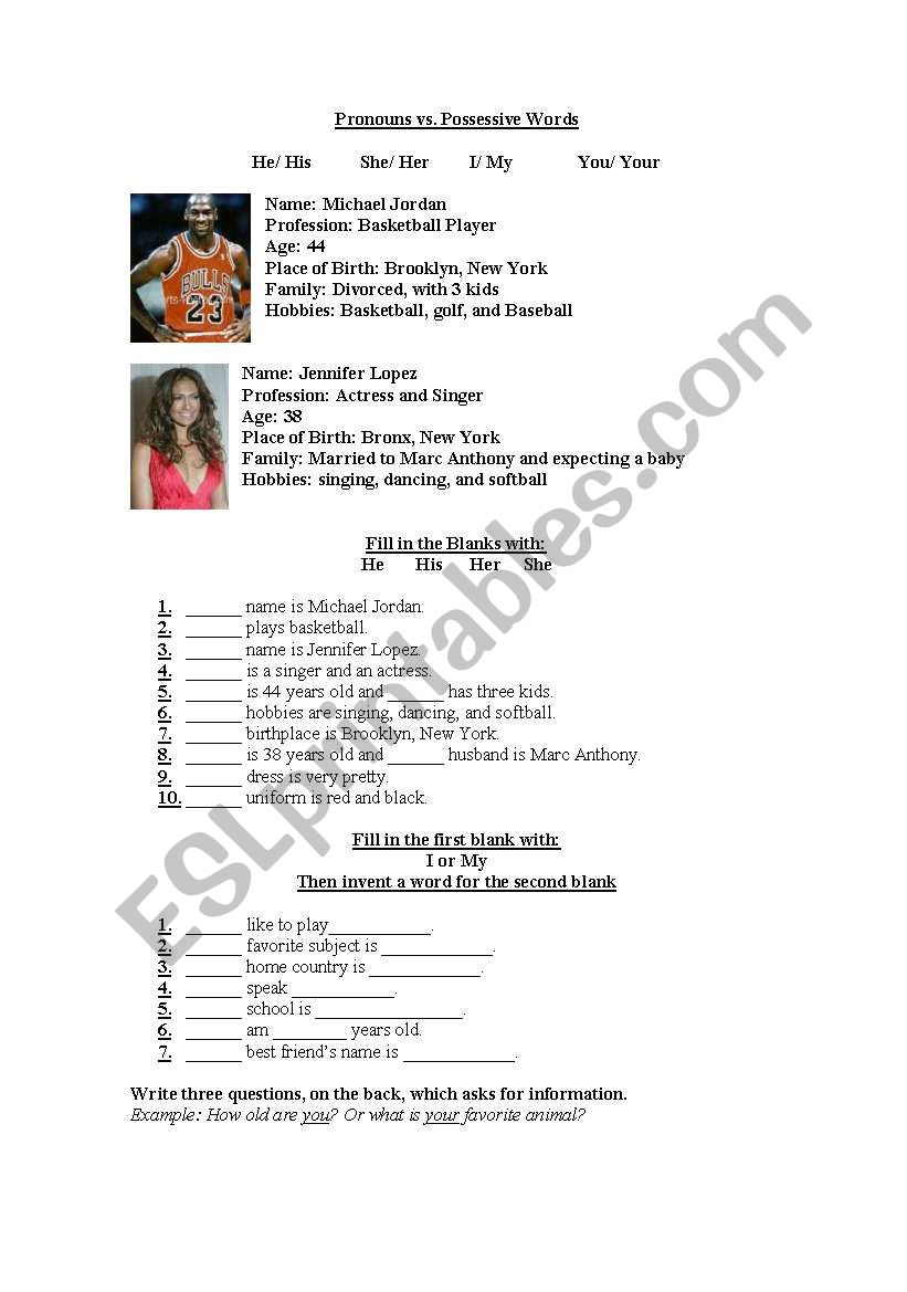 pronouns vs possesive worksheet