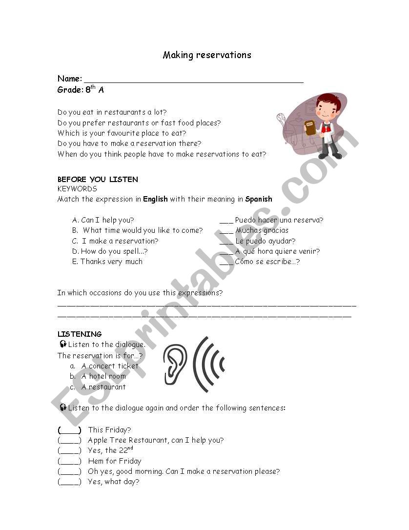 English Worksheets Making A Reservation