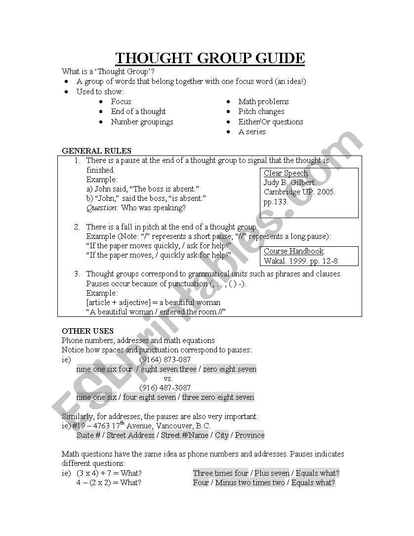 Grammar - Thought Groups worksheet