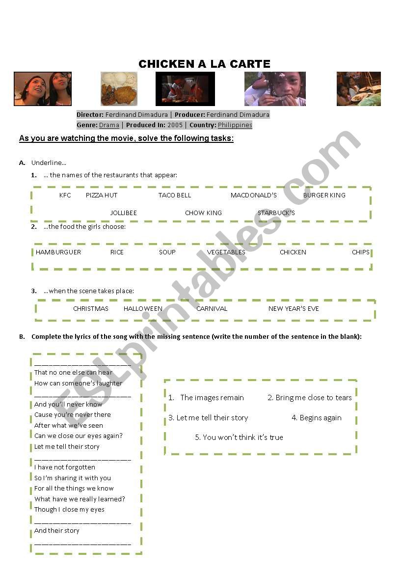 Chicken A La Carte worksheet