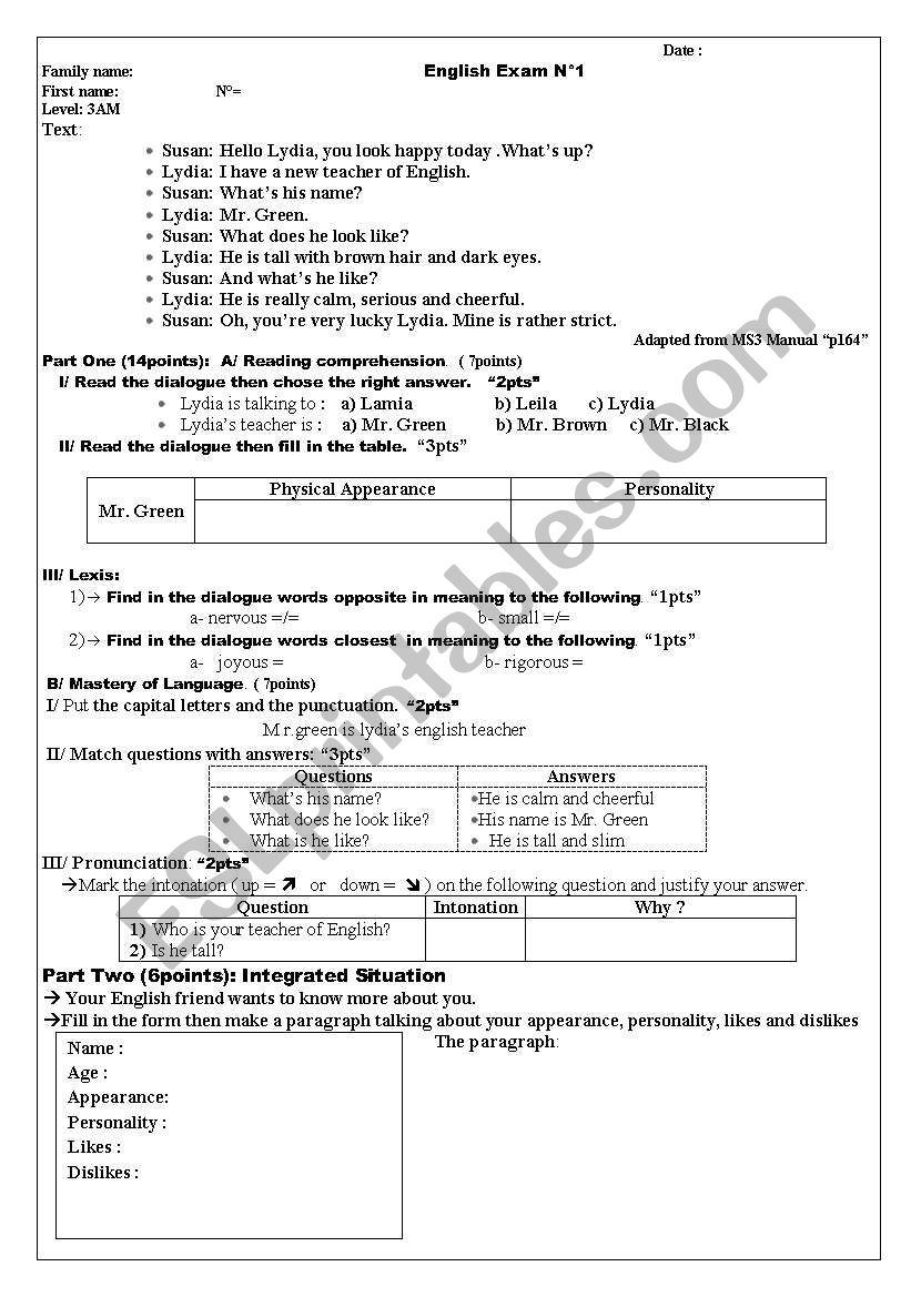 English Exam level3 worksheet