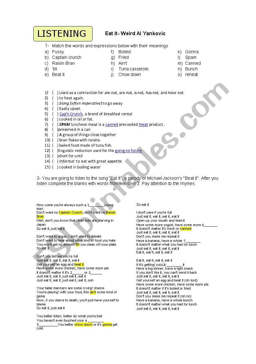 Eat it- Weird Al- Listening worksheet