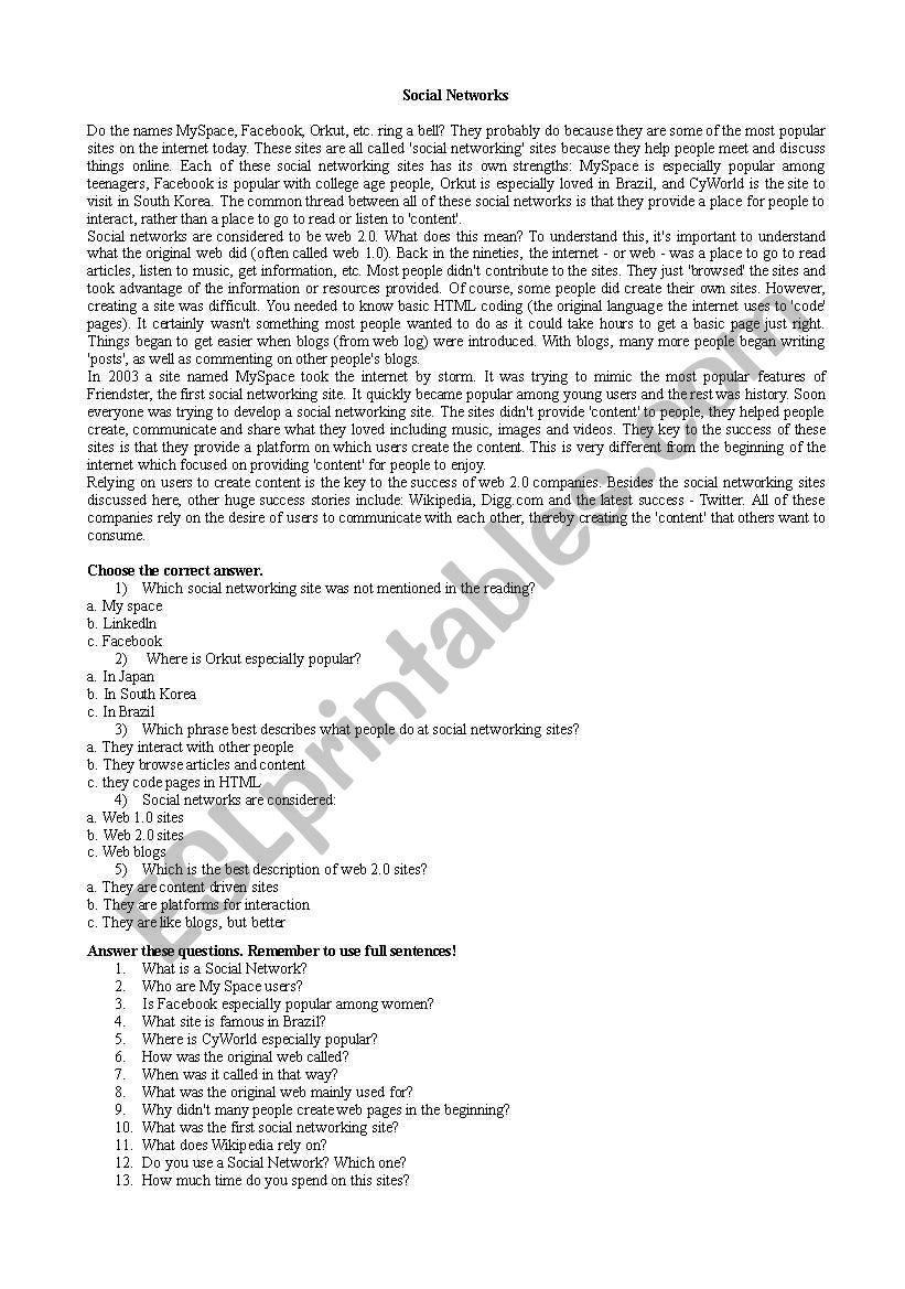 social networks worksheet