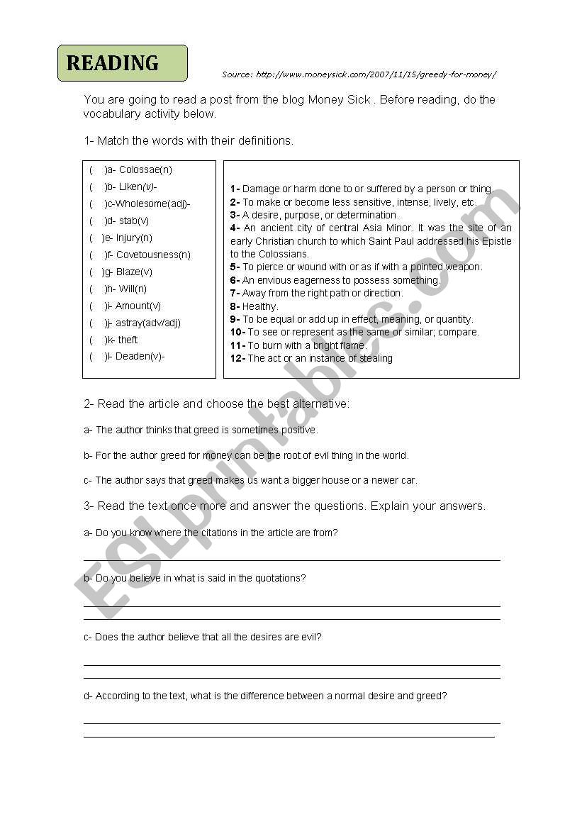 Reading- Greedy for money worksheet