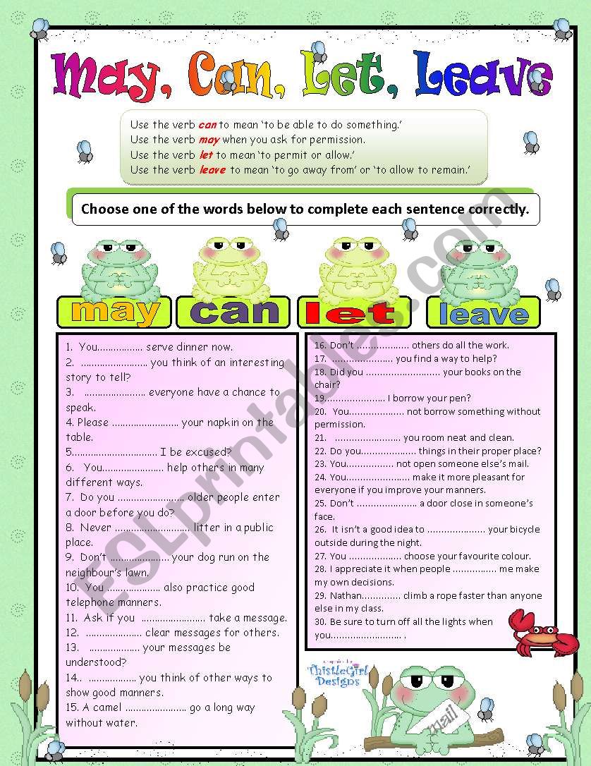 Troublesome Verbs Part 2 May Can Let Leave ESL Worksheet By Tech teacher