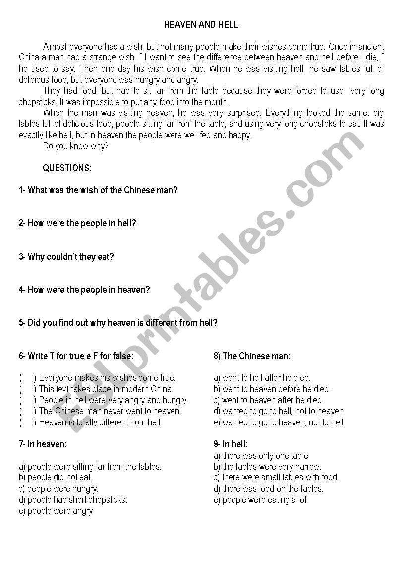 HEAVEN AND HELL worksheet
