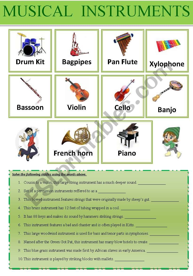 Musical instruments Dictionary + Exercises + Teachers Keys