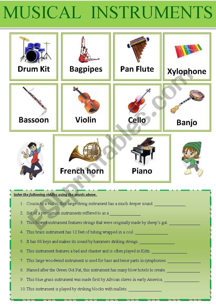 Musical instruments Dictionary + Exercises + Teachers Keys