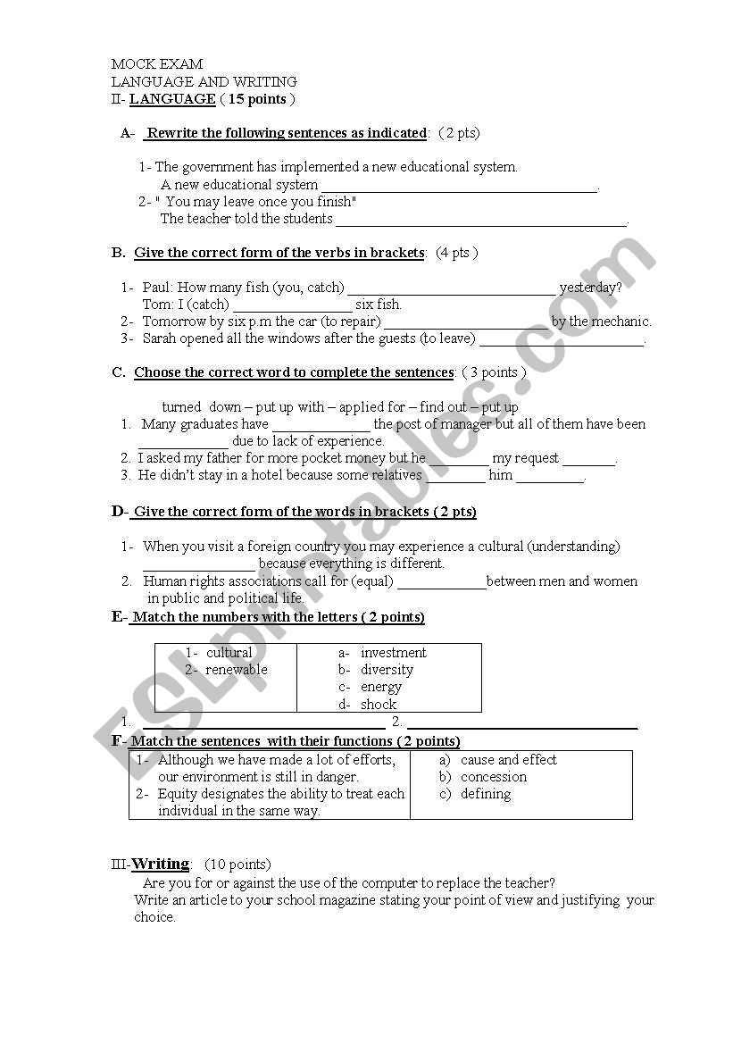 LANGUAGE AND WRITING TEST worksheet