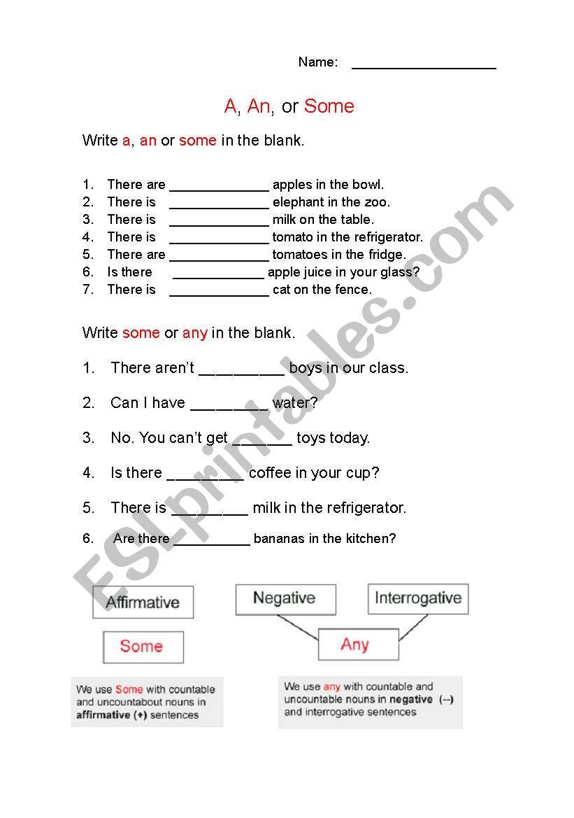 a,an, some worksheet