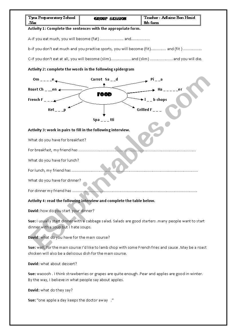 Food interview  worksheet