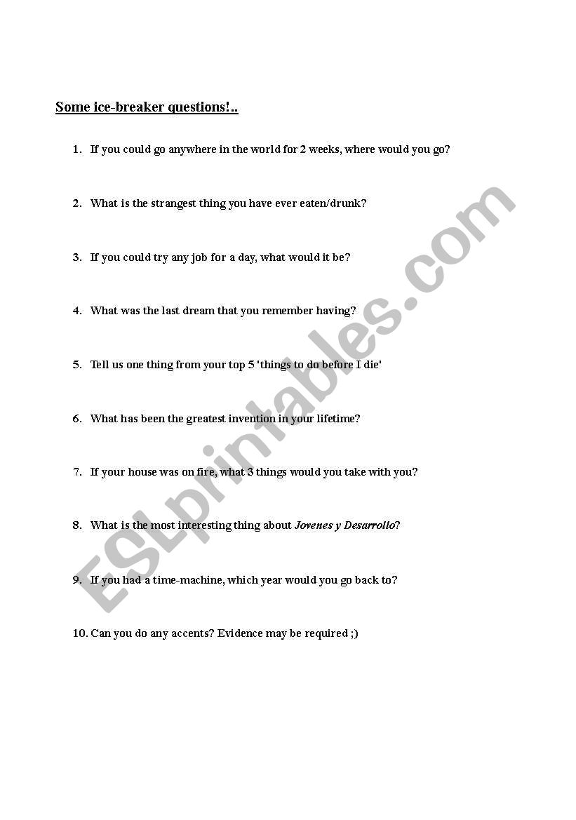 Ice breaker questions worksheet