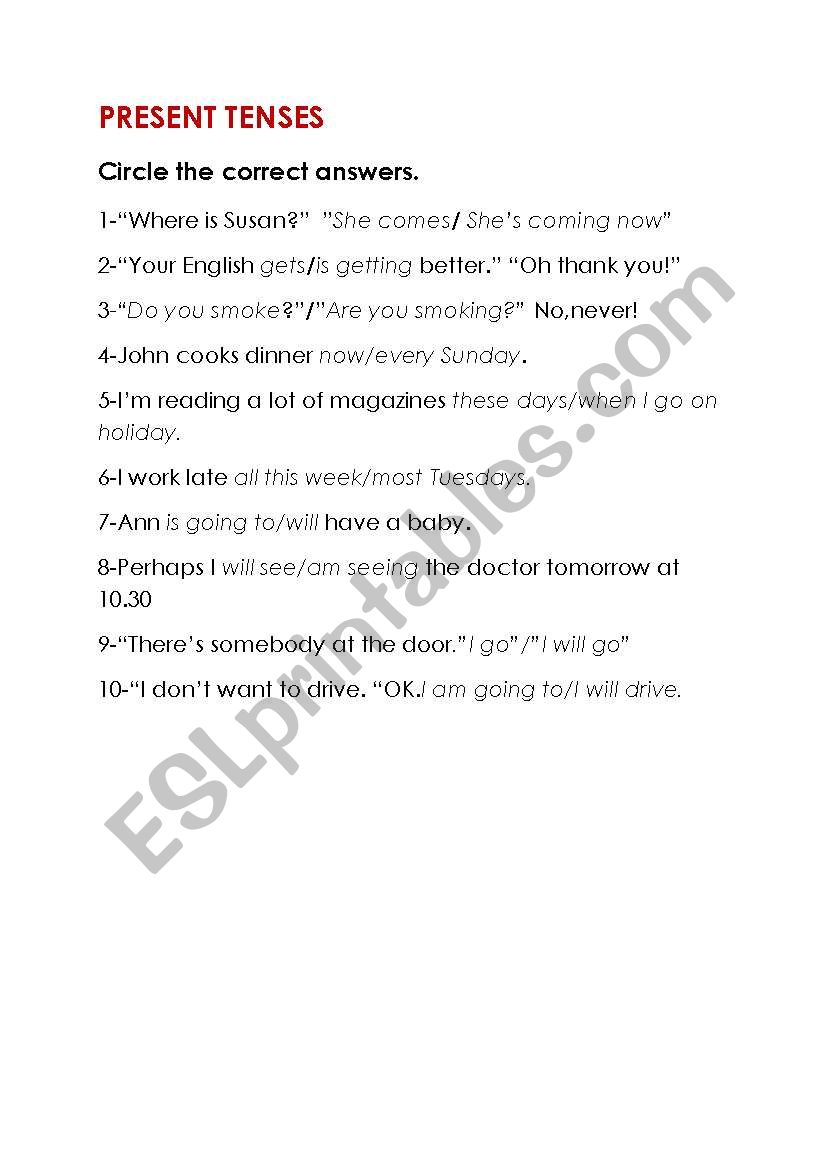 present tenses worksheet