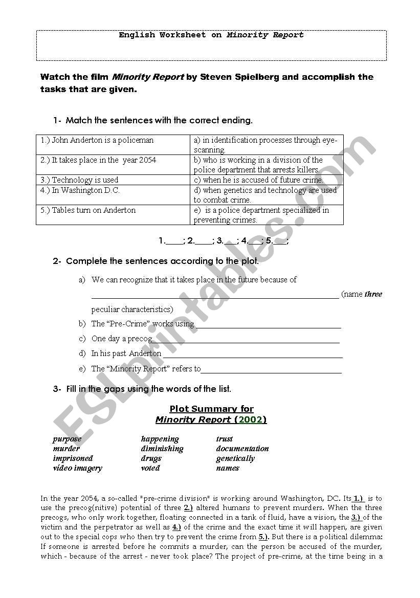 Minority Report worksheet