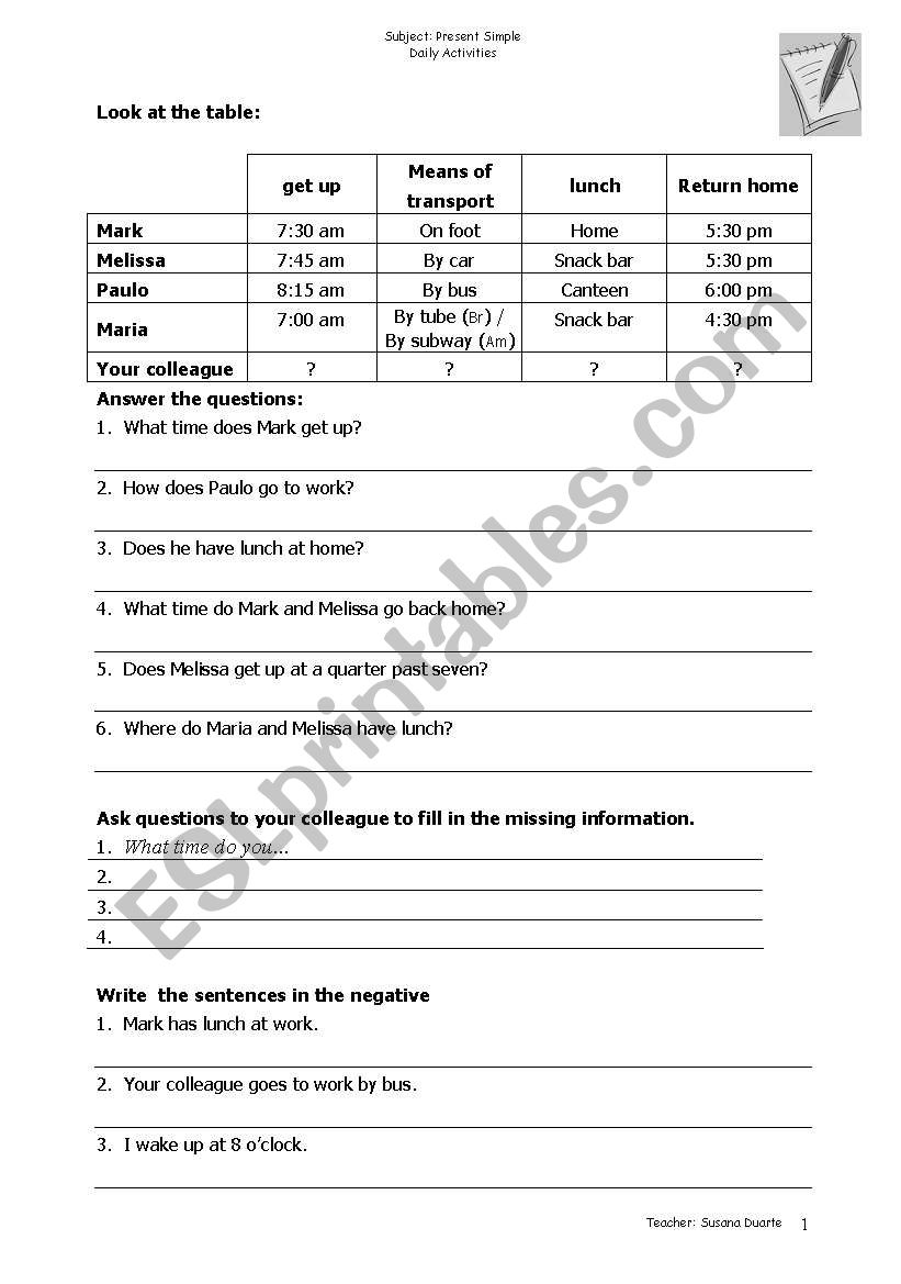 routines and daily activities worksheet