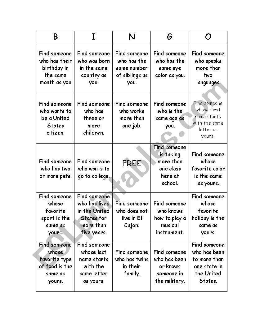 Getting to know you BINGO worksheet