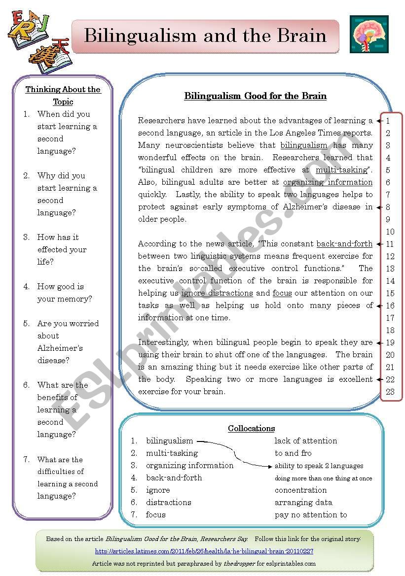 Bilingualism and the Brain worksheet