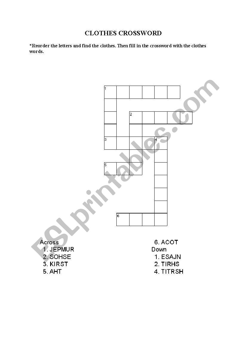 clothes crossword worksheet