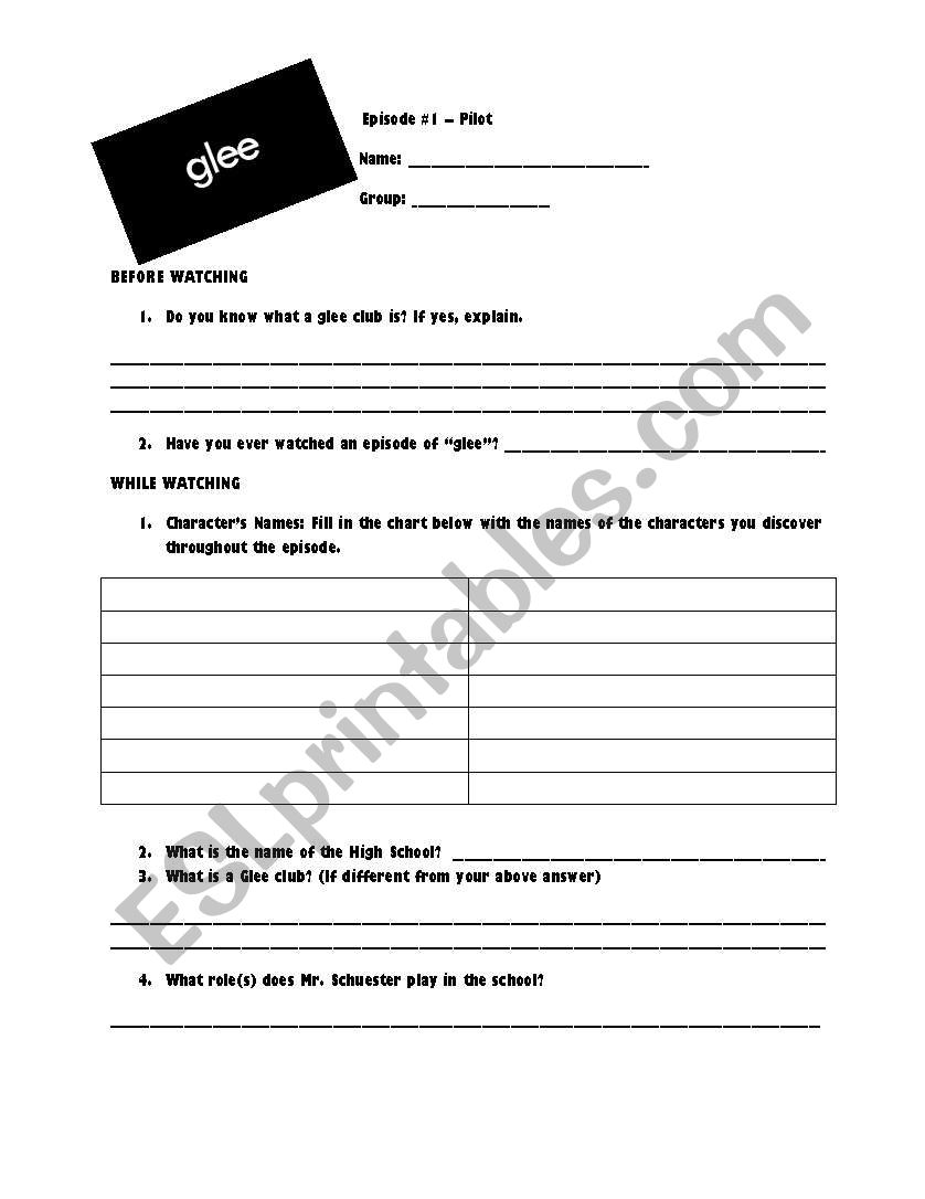 GLEE - episode one worksheet worksheet