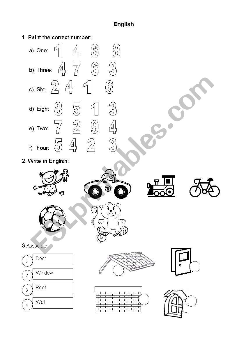 Numbers, toys, house worksheet