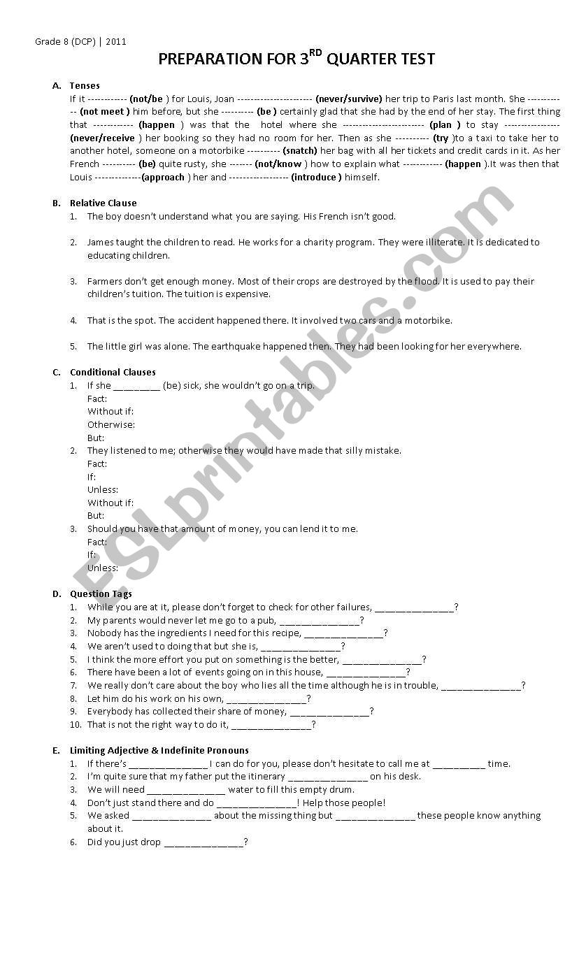 Preparation for quarter test worksheet