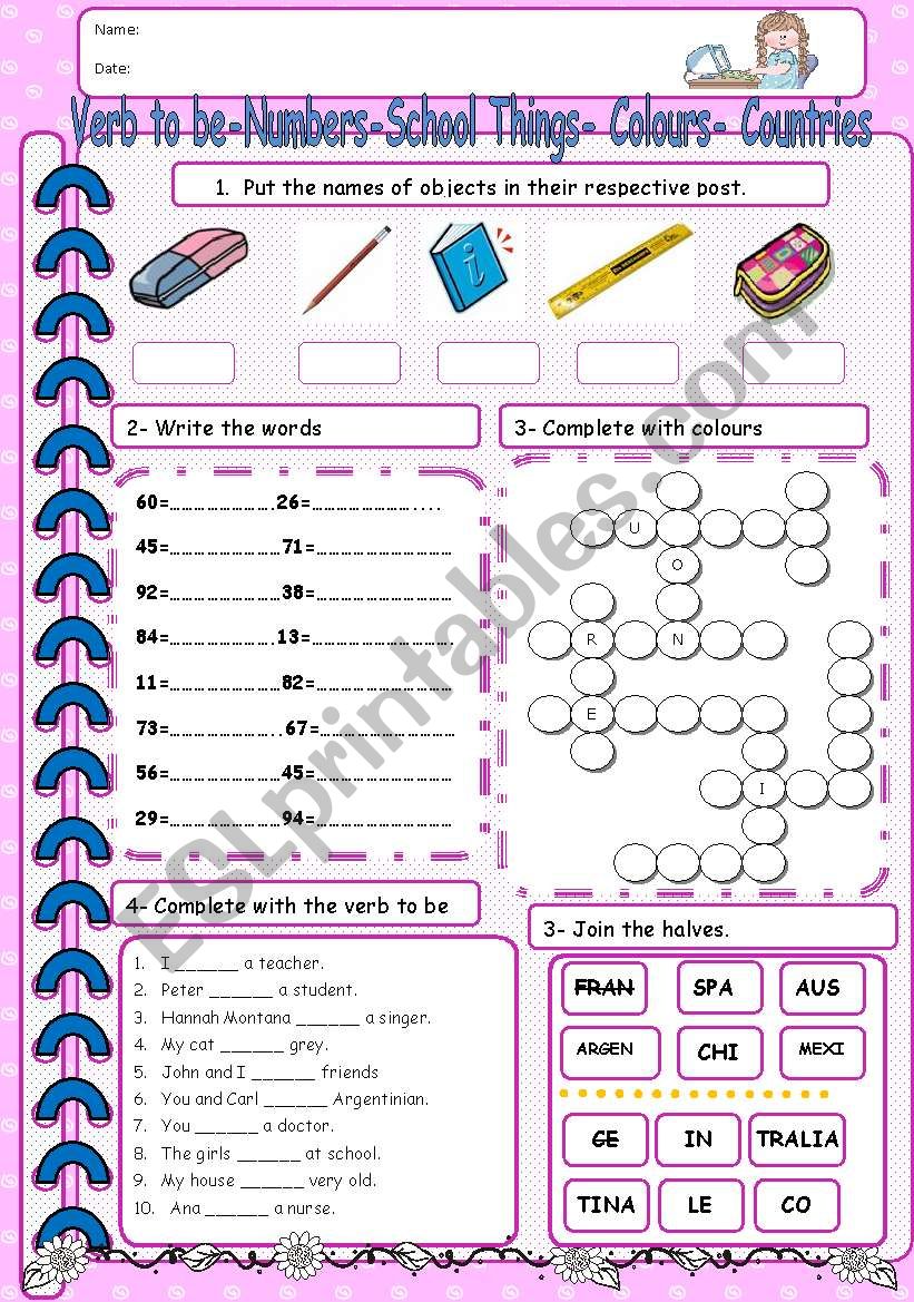 Verb to be - Numbers - School things- Colours - Countries