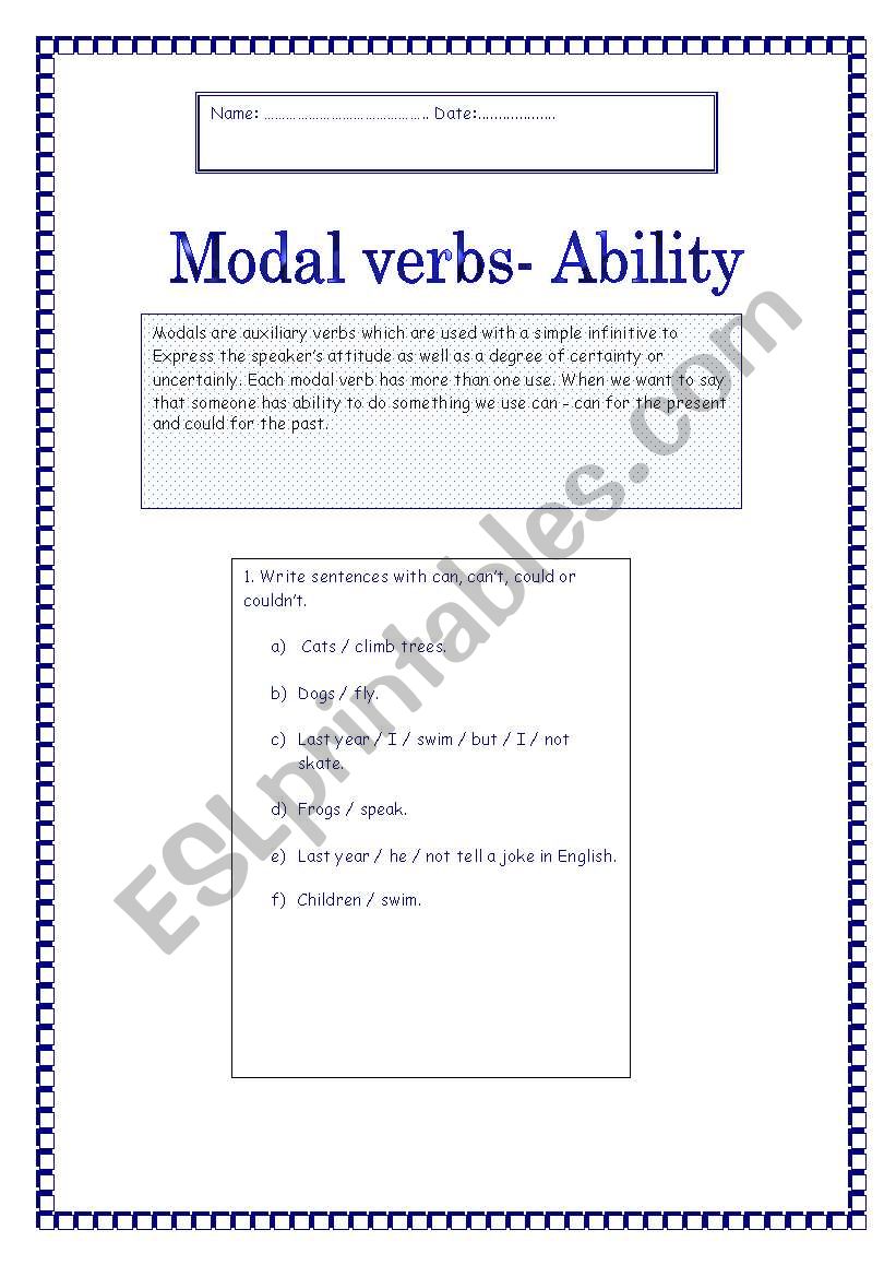 Modal verbs-ability worksheet