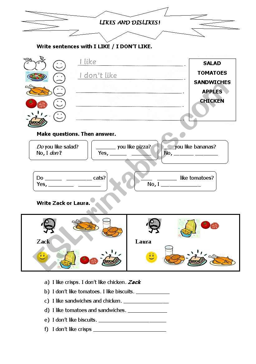 Likes and Dislikes worksheet