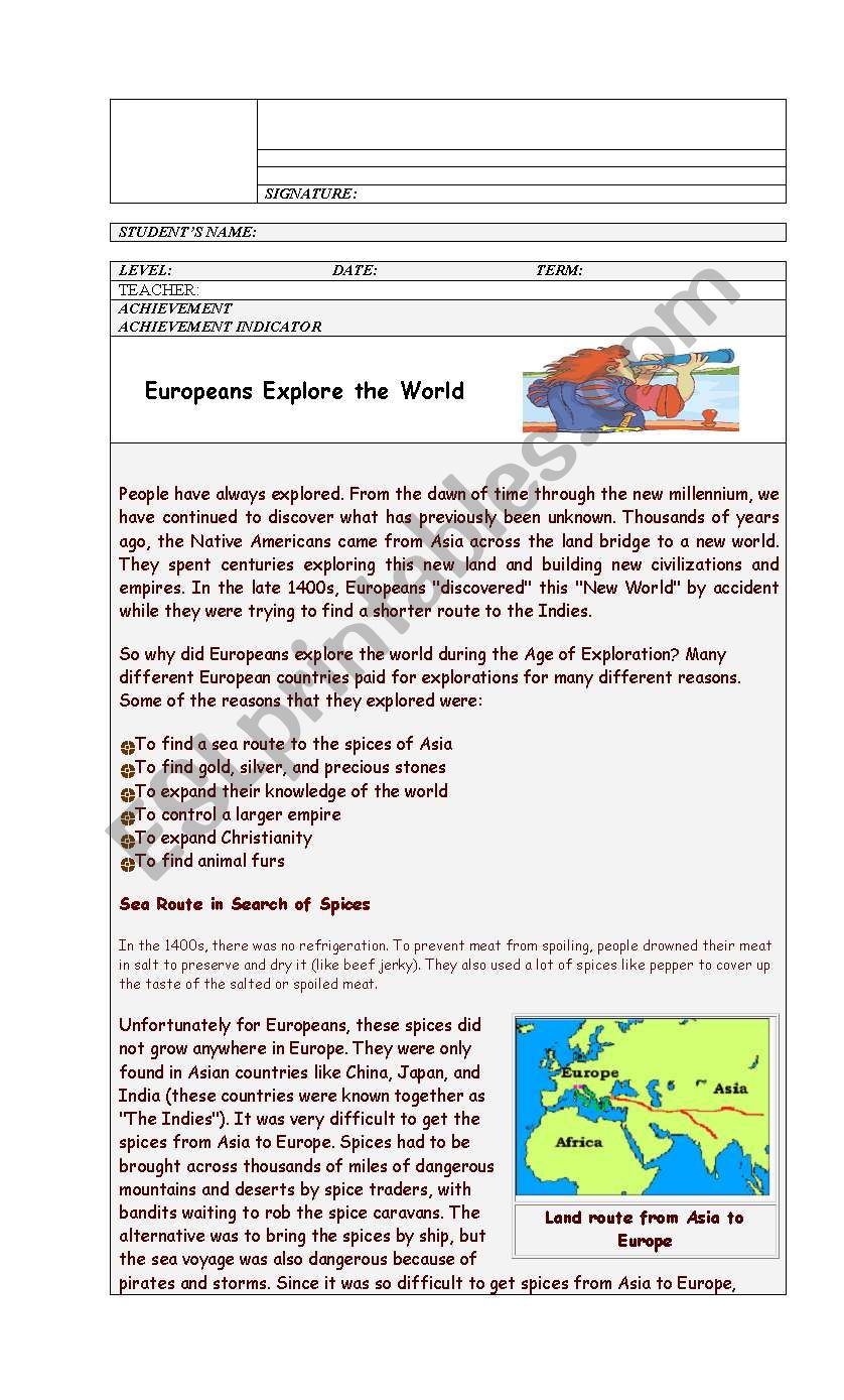 Age Of Exploration Worksheet