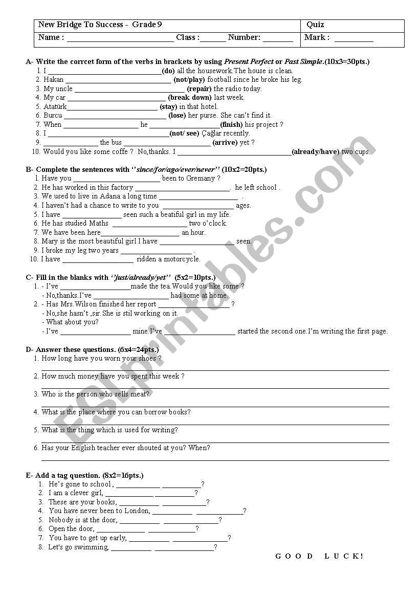 Present Perfe T Tense Worksheet