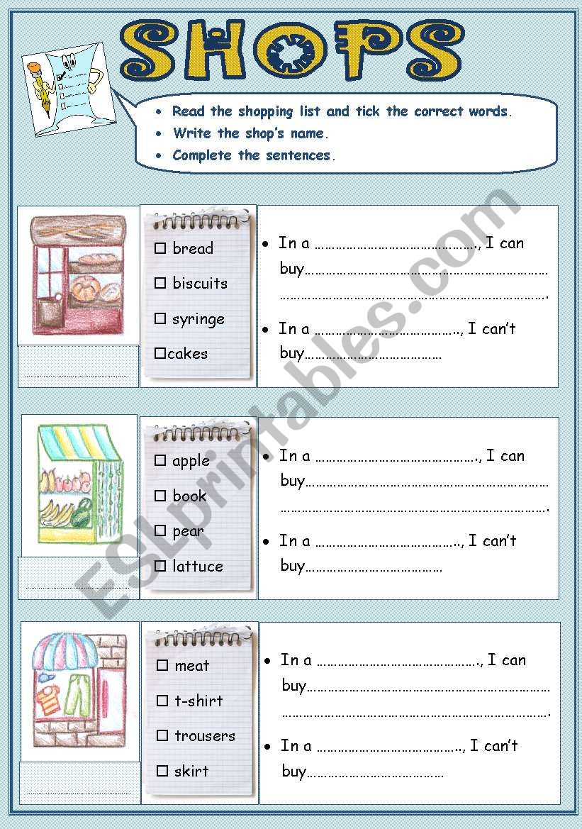 Shops - part 1/2 worksheet