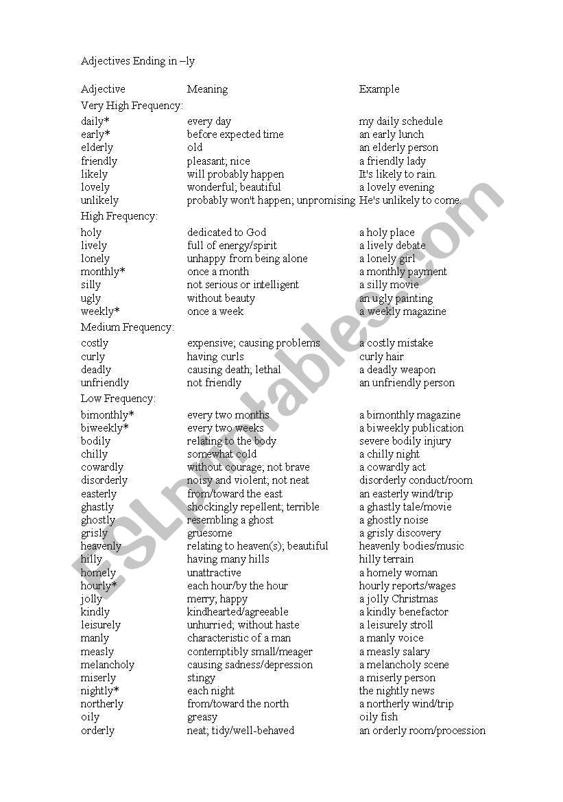 adjective ending with LY worksheet