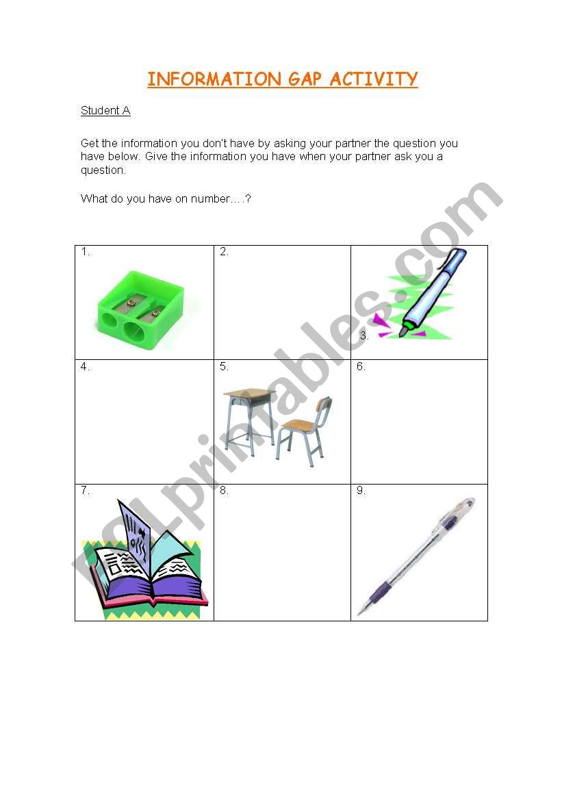 CLASSROOM OBJECTS INFO GAP worksheet