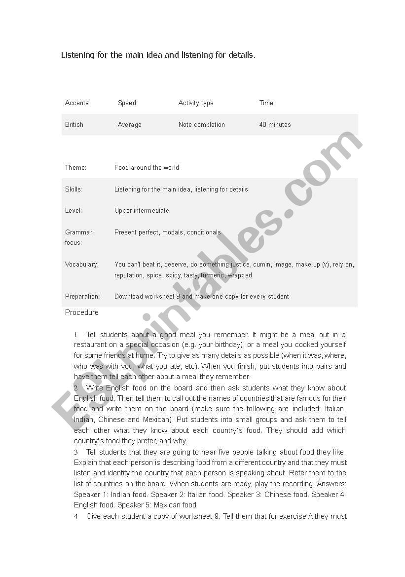 food lesson plan worksheet