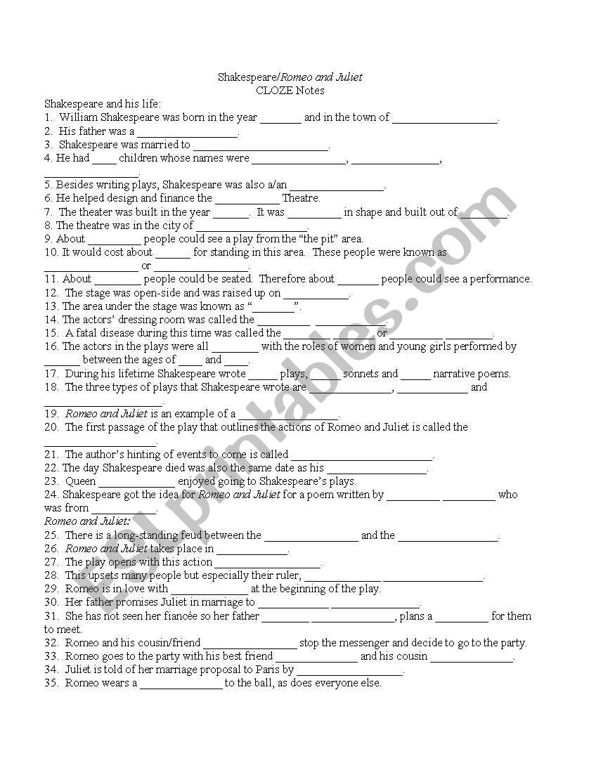 Romeo and Julliet/Shakespeare Guided Reading Note-Taking Sheet With Lecture Notes
