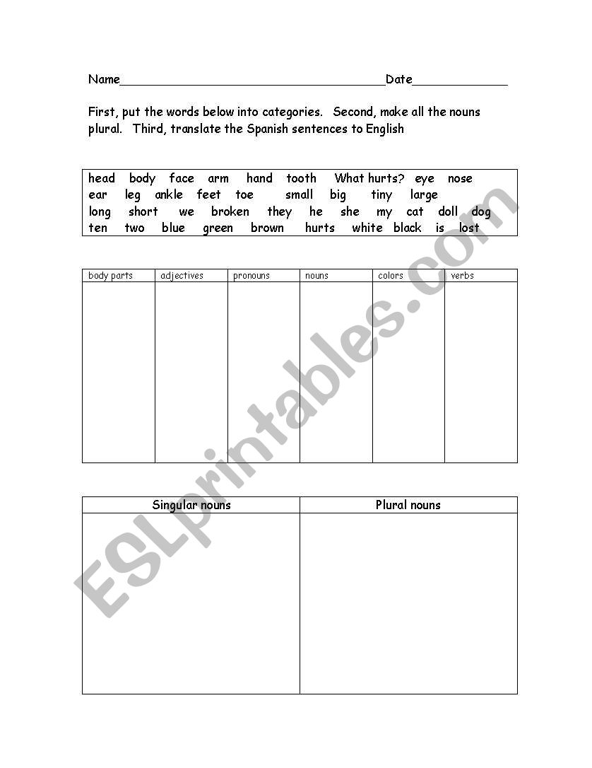 Categorizing vocabulary worksheet