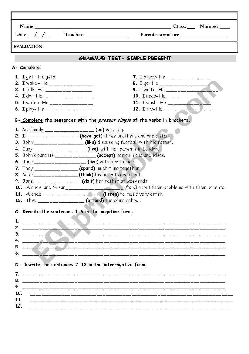 English Grammar Test worksheet