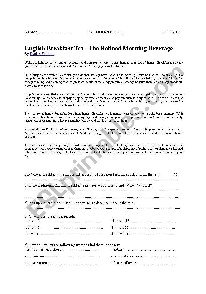 English Breakfast Test worksheet