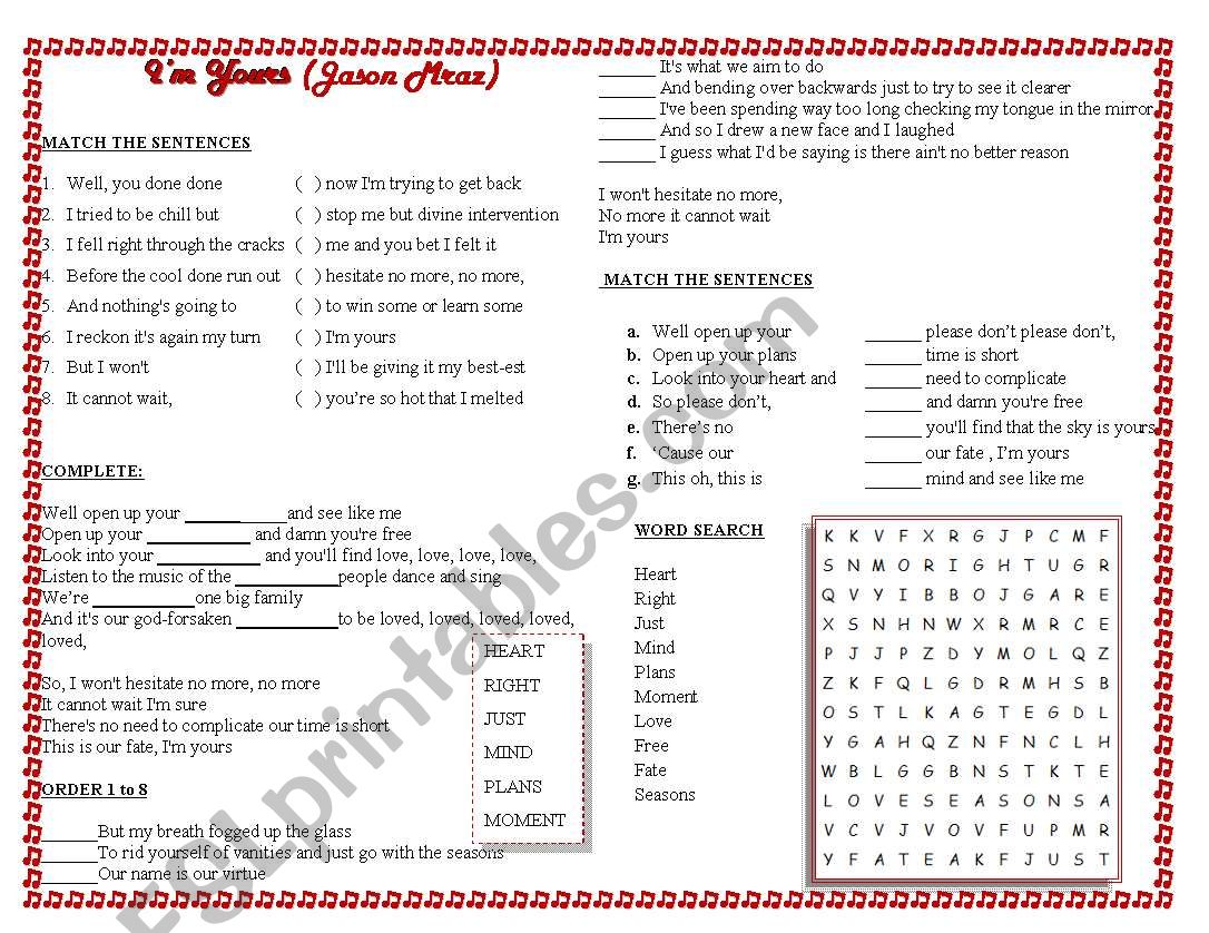 Im Yours Jason Mraz worksheet