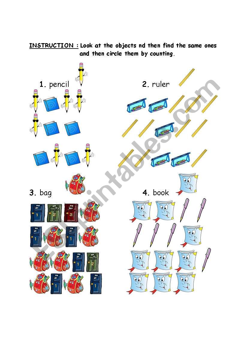 classroom objects-numbers worksheet