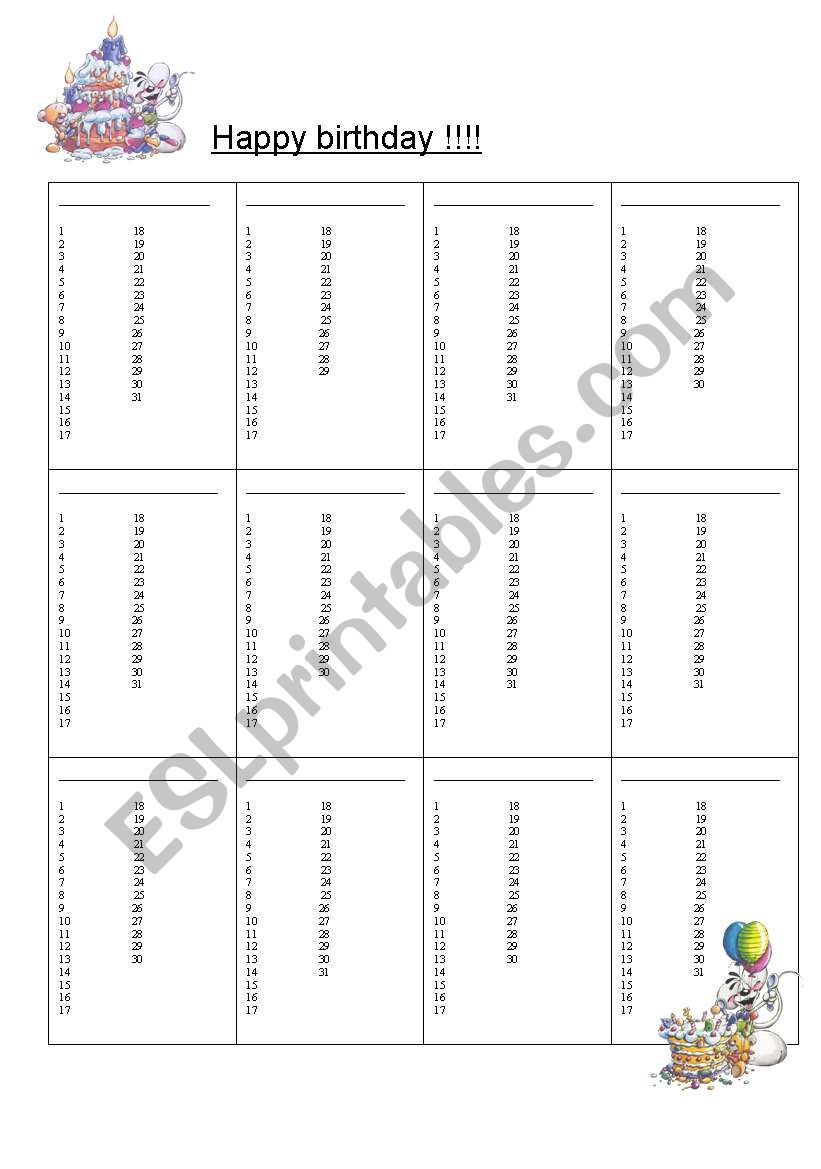 Happy birthday calendar worksheet