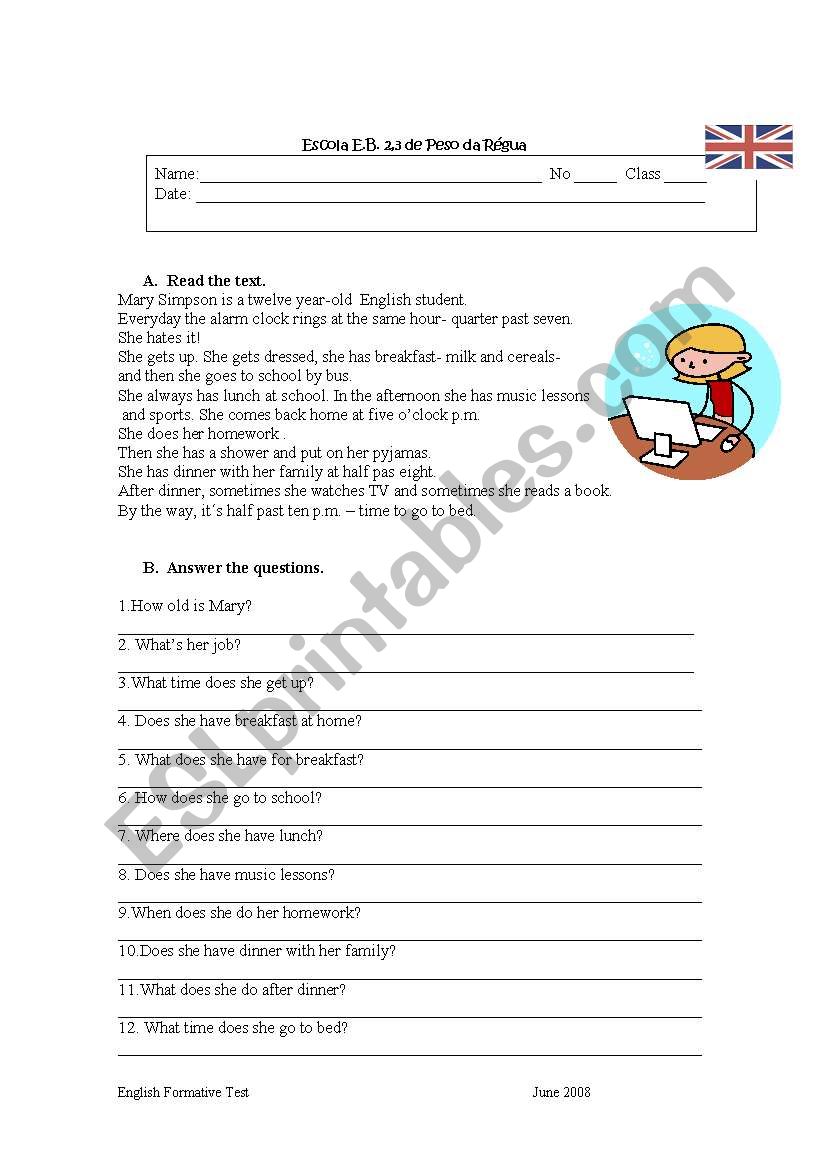 Reading comprehension worksheet